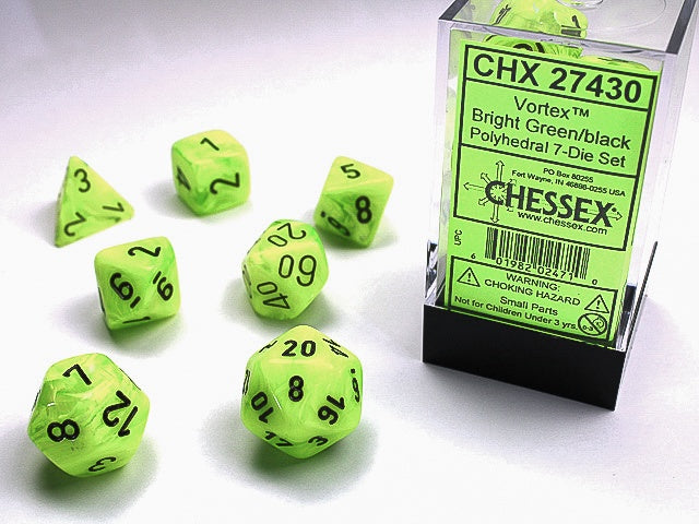 Vortex 7-Die Set Bright Green / Black Chessex Dice (CHX27430)