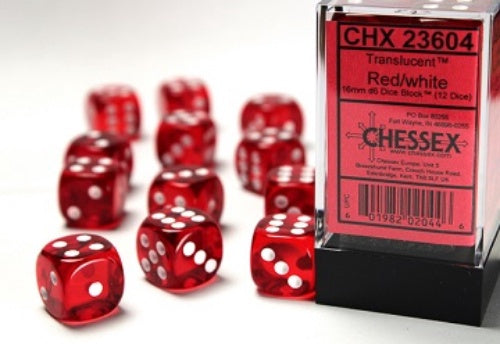 Translucent 12 * D6 Red / White 16mm Chessex Dice (CHX23604)
