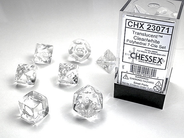 Translucent 7-Die Set Clear W / White Chessex Dice (CHX23071)