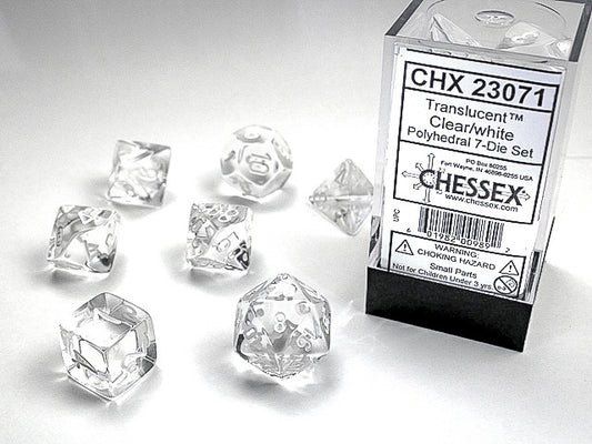 Translucent 7-Die Set Clear W / White Chessex Dice (CHX23071)