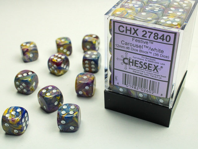 Festive 36 * D6 Carousel / White 12mm Chessex Dice (CHX27840)