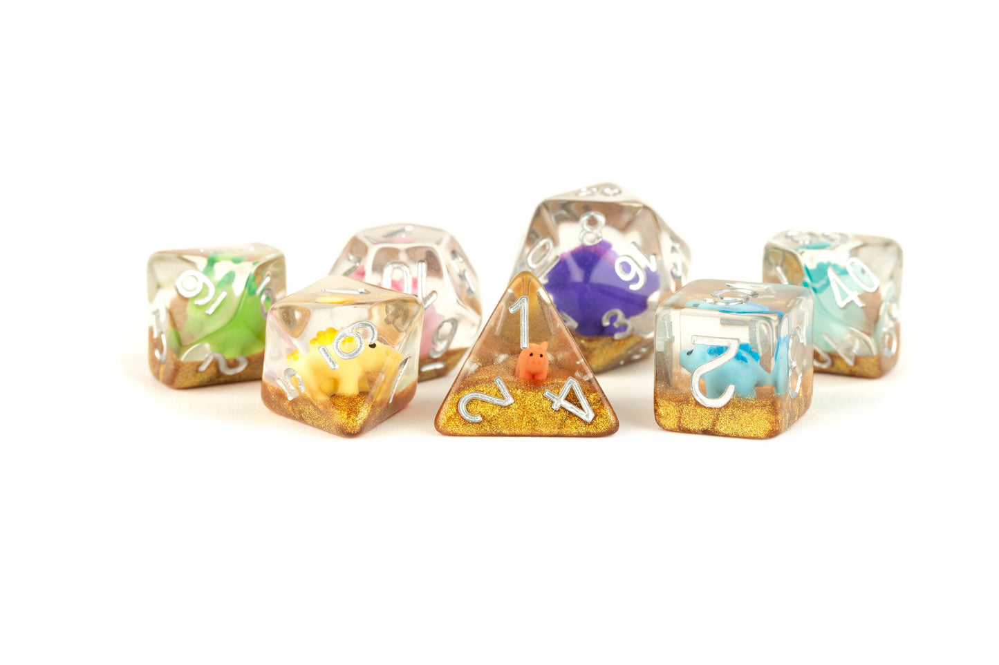 Resin 7 Dice Set Rainbow Dinosaur Inclusion 16Mm