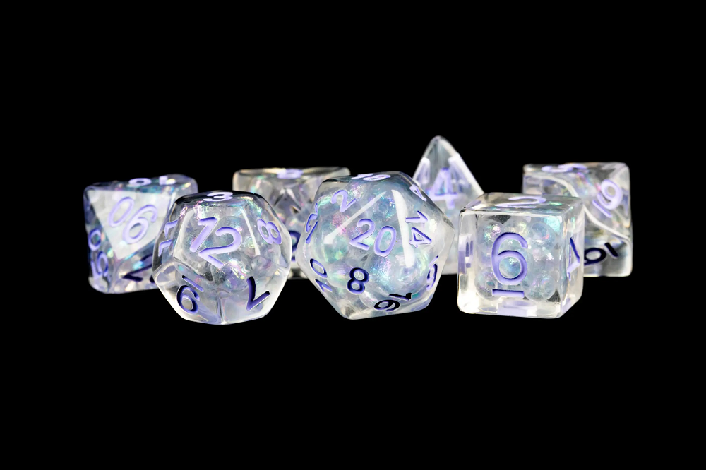 Resin 7 Dice Set Pearl W/ Purple Numbers 16mm