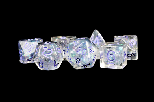 Resin 7 Dice Set Pearl W/ Purple Numbers 16mm
