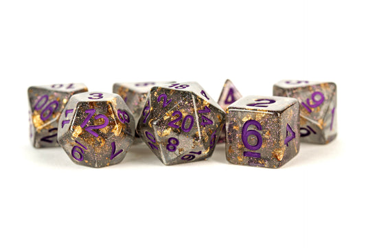 Resin 7 Dice Set Gray W/ Gold Foil W/ Purple 16Mm