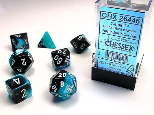 Gemini 7-Die Set Black-Shell /  White Chessex Dice (CHX26446)