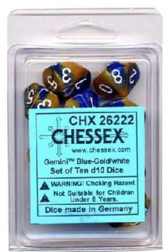 Gemini 10 * D10 Blue-Gold / White Chessex Dice (CHX26222)