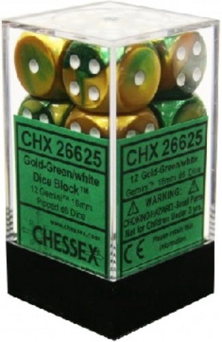 Gemini 12 * D6 Gold-Green / White 16mm Chessex Dice (CHX26625)