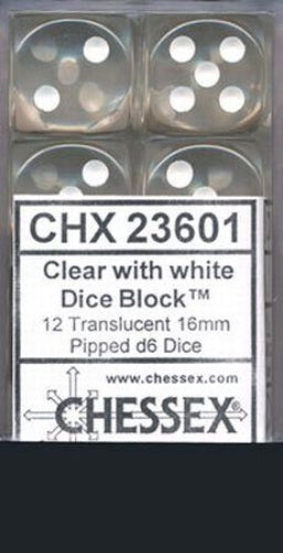 Translucent 12 * D6 Clear / White 16mm Chessex Dice (CHX23601)