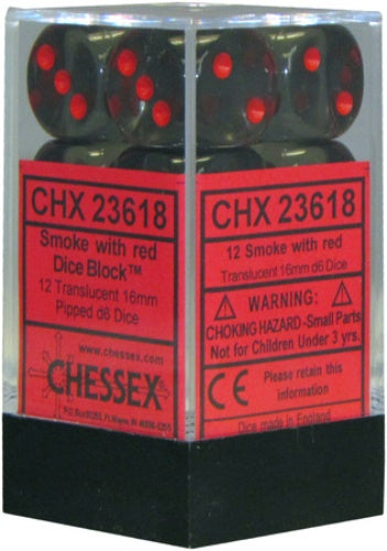 Translucent 12 * D6 Smoke / Red 16mm Chessex Dice (CHX23618)