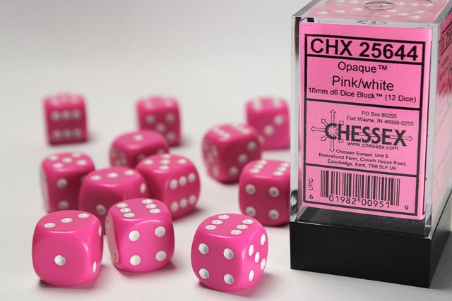 Opaque 12 * D6 Pink / White 16mm Chessex Dice (CHX25644)