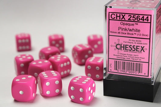 Opaque 12 * D6 Pink / White 16mm Chessex Dice (CHX25644)
