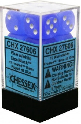 Frosted 12 * D6 Blue / White 16mm Chessex Dice (CHX27606)