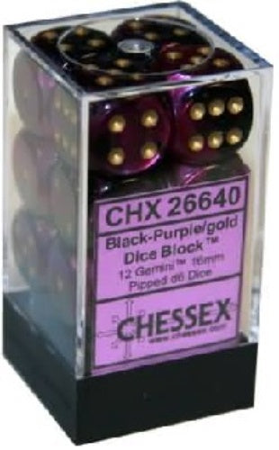 Gemini 12 * D6 Black-Purple / Gold 16mm Chessex Dice (CHX26640)