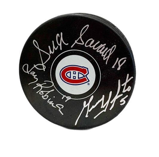 Guy Lapointe / Serge Savard / Larry Robinson Autographed Puck - Logo
