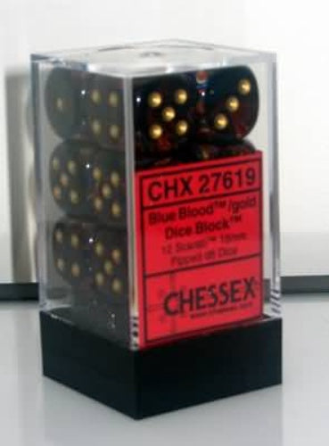 Scarab 12 * D6 Blue Blood / Gold 16mm Chessex Dice (CHX27619)