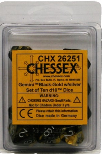 Gemini 10 * D10 Black-Gold / Silver Chessex Dice (CHX26251*)