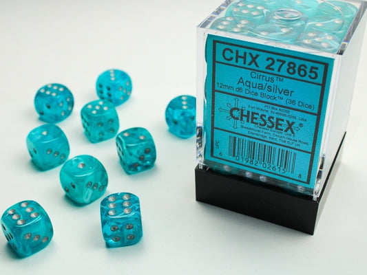 Cirrus 36 * D6 Aqua / Silver 12mm Chessex Dice (CHX27865)