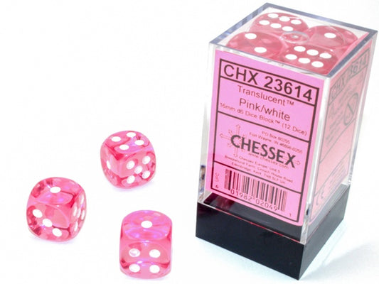 Translucent 12 * D6 Pink / White 16mm Chessex Dice (CHX23614)