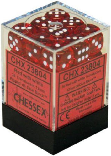 Translucent 36 * D6 Red / White 12mm Chessex Dice (CHX23804)