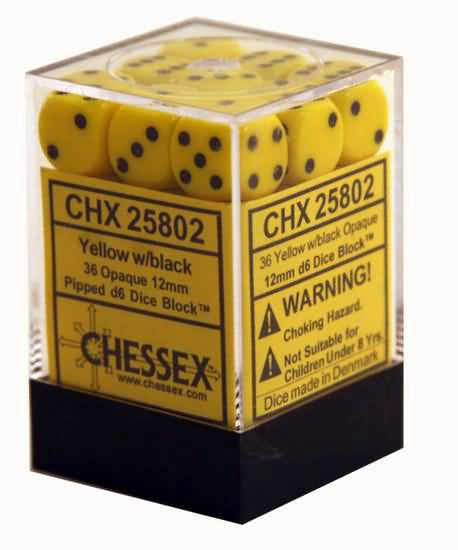 Opaque 36 * D6 Yellow / Black 12mm Chessex Dice (CHX25802)