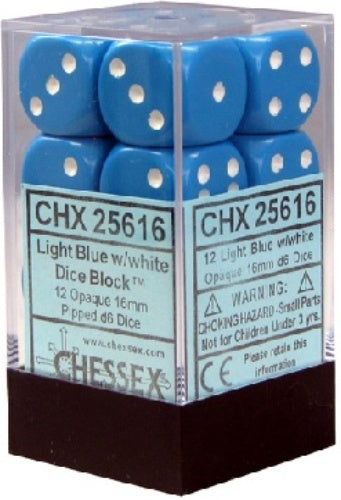 Opaque 12 * D6 Light Blue / White 16mm Chessex Dice (CHX25616)