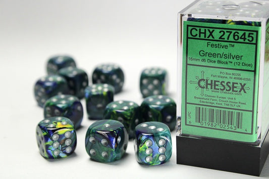 Festive 12 * D6 Green / Silver 16mm Chessex Dice (CHX27645)
