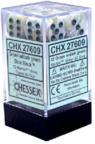 Marble 12 * D6 Green / Dark Green 16mm Chessex Dice (CHX27609)