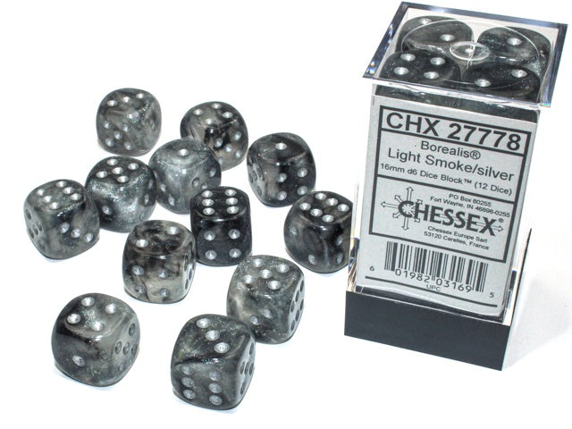 Borealis 12 * D6 Light Smoke / Silver 16mm Luminary Chessex Dice (CHX27778)