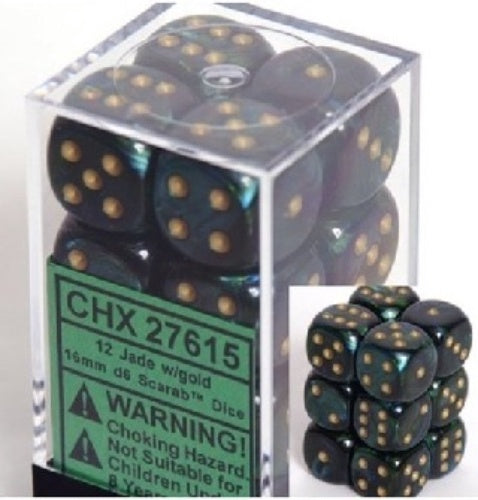 Scarab 12 * D6 Jade / Gold 16mm Chessex Dice (CHX27615)
