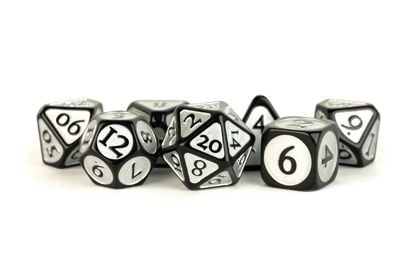 Enamel Acrylic 7 Dice Set Black W/ Silver 16mm