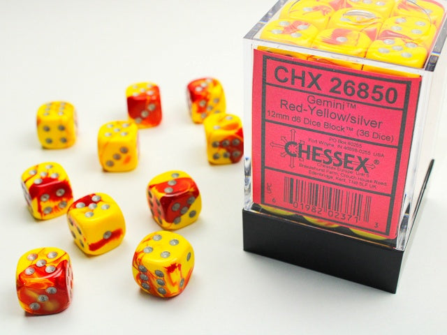 Gemini 36 * D6 Red-Yellow / Silver 12mm Chessex Dice (CHX26850)