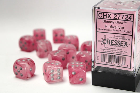 Ghostly Glow 12 * D6 Pink / Silver 16mm Chessex Dice (CHX27724)
