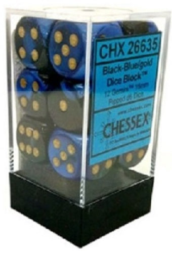 Gemini 12 * D6 Black-Blue / Gold 16mm Chessex Dice (CHX26635)