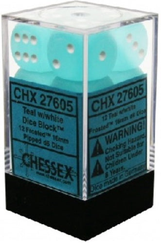Frosted 12 * D6 Teal / White 16mm Chessex Dice (CHX27605)