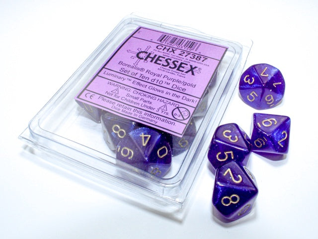 Borealis 10 * D10 Royal Purple / Gold Luminary Chessex Dice (CHX27387)