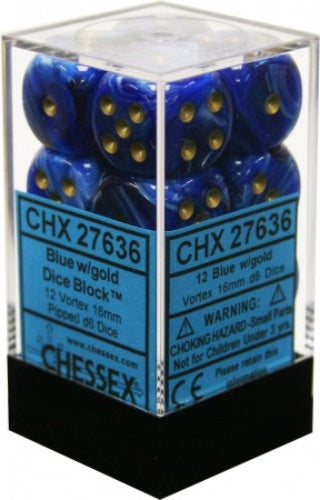 Vortex 12 * D6 Blue / Gold 16mm Chessex Dice (CHX27636)