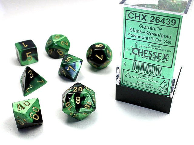 Gemini 7-Die Set Black-Green / Gold Chessex Dice (CHX26439)