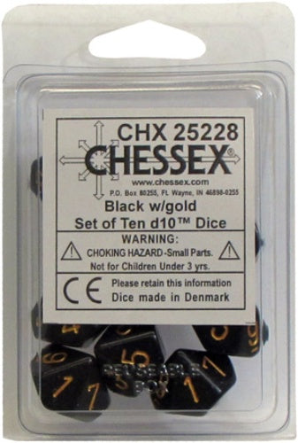 Opaque 10 * D10 Black / Gold Chessex Dice (CHX25228)