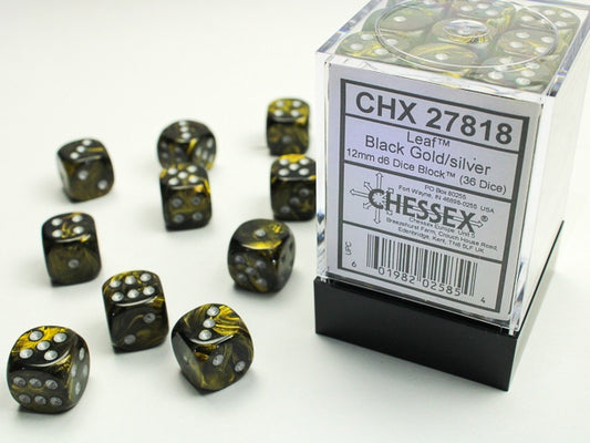 Leaf 36 * D6 Black Gold / Silver 12mm Chessex Dice (CHX27818)