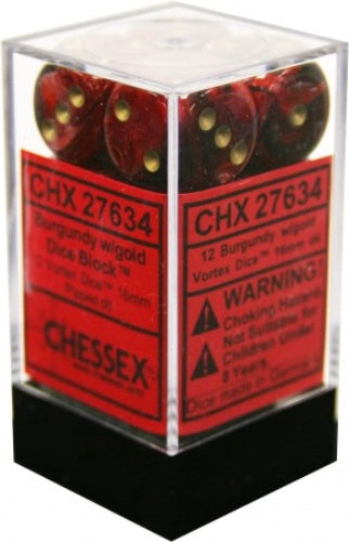 Vortex 12 * D6 Burgundy / Gold 16mm Chessex Dice (CHX27634)