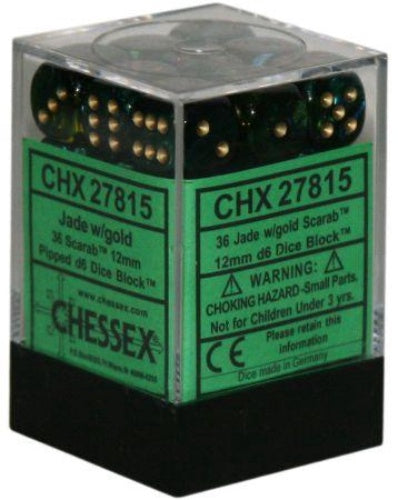 Scarab 36 * D6 Jade / Gold 12mm Chessex Dice (CHX27815)
