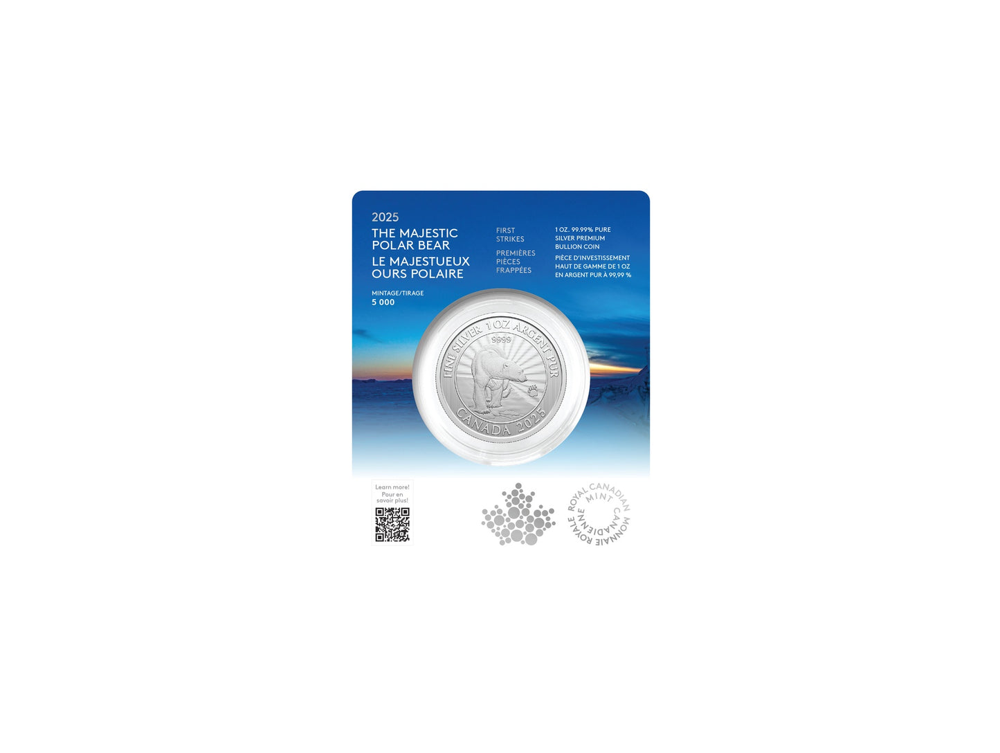 2025 The Majestic Polar Bear – 1 oz. $5 99.99% Pure Silver Coin