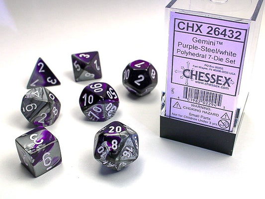 Gemini 7-Die Set Purple-Steel / White Chessex Dice (CHX26432)