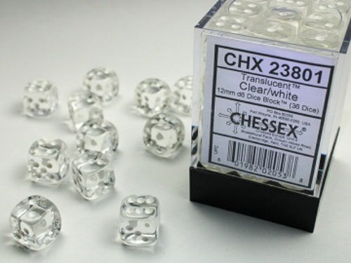 Translucent 36 * D6 Clear / White 12mm Chessex Dice (CHX23801)