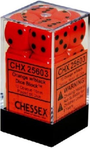 Opaque 12 * D6 Orange / Black 16mm Chessex Dice (CHX25603)