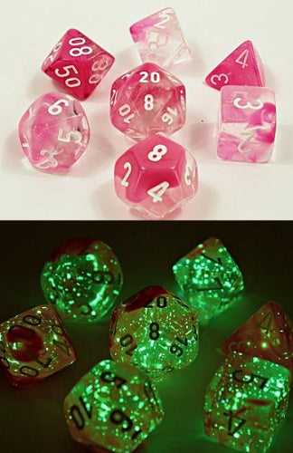 Gemini 7-Die Set Clear-Pink / White Luminary Chessex Dice (CHX30042)