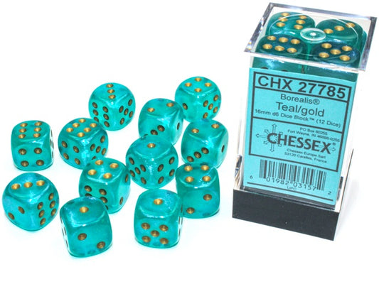 Borealis 12 * D6 Teal / Gold 16mm Luminary Chessex Dice (CHX27785)