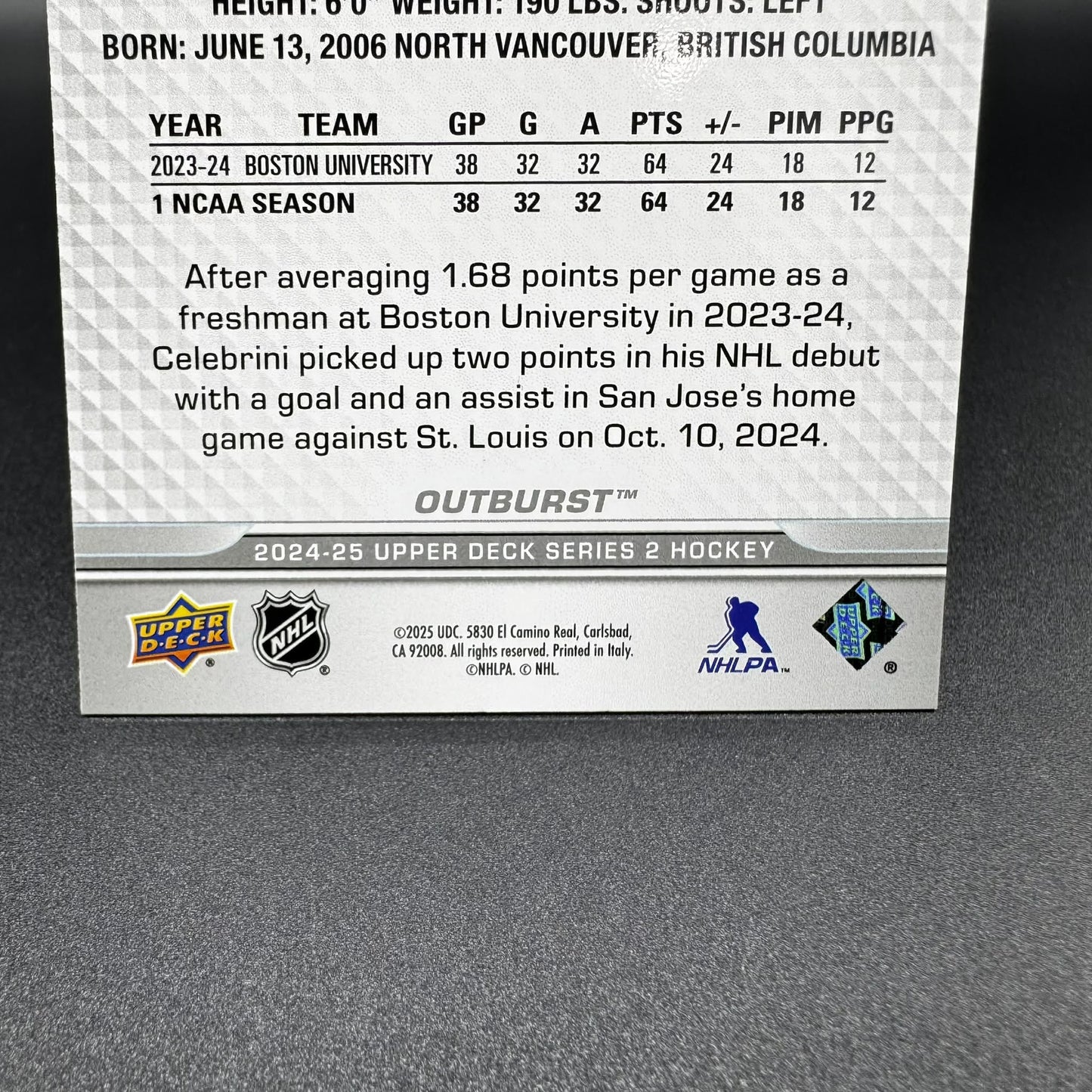 2024-25 UD Series 2 Macklin Celebrini Young Guns Outburst 451 RC #1