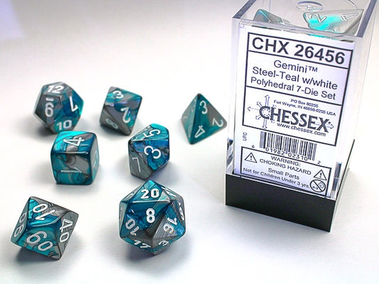 Gemini 7-Die Set Steel-Teal / White Chessex Dice (CHX26456)